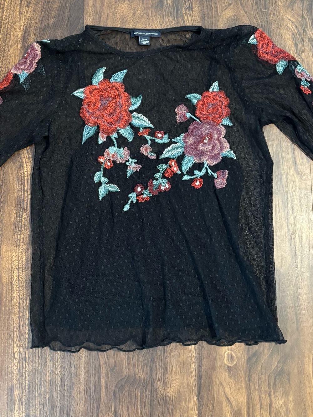 American Eagle Outfitters Black Sheer Long-Sleeve Top with Red Floral Embroidery